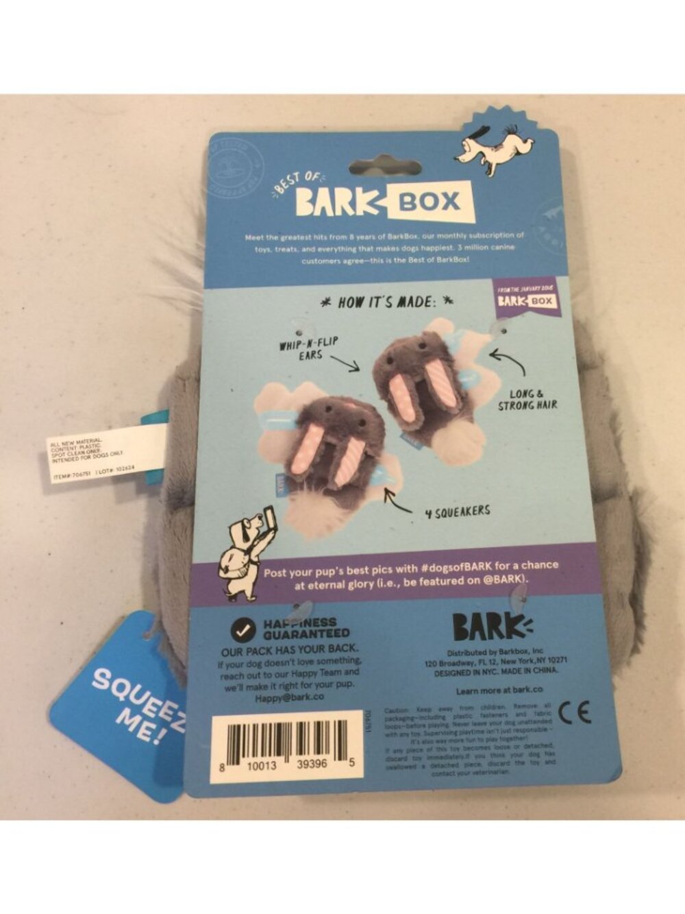 Bark Box Itty & Bitty Bunny Slippers Gray Peach Plush Crinkle Squeak Dog Toy - Picture 3 of 3